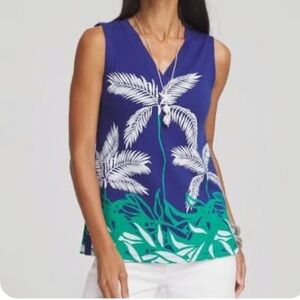 Chico's Blue Tank with White Palm & Green Leaf Border